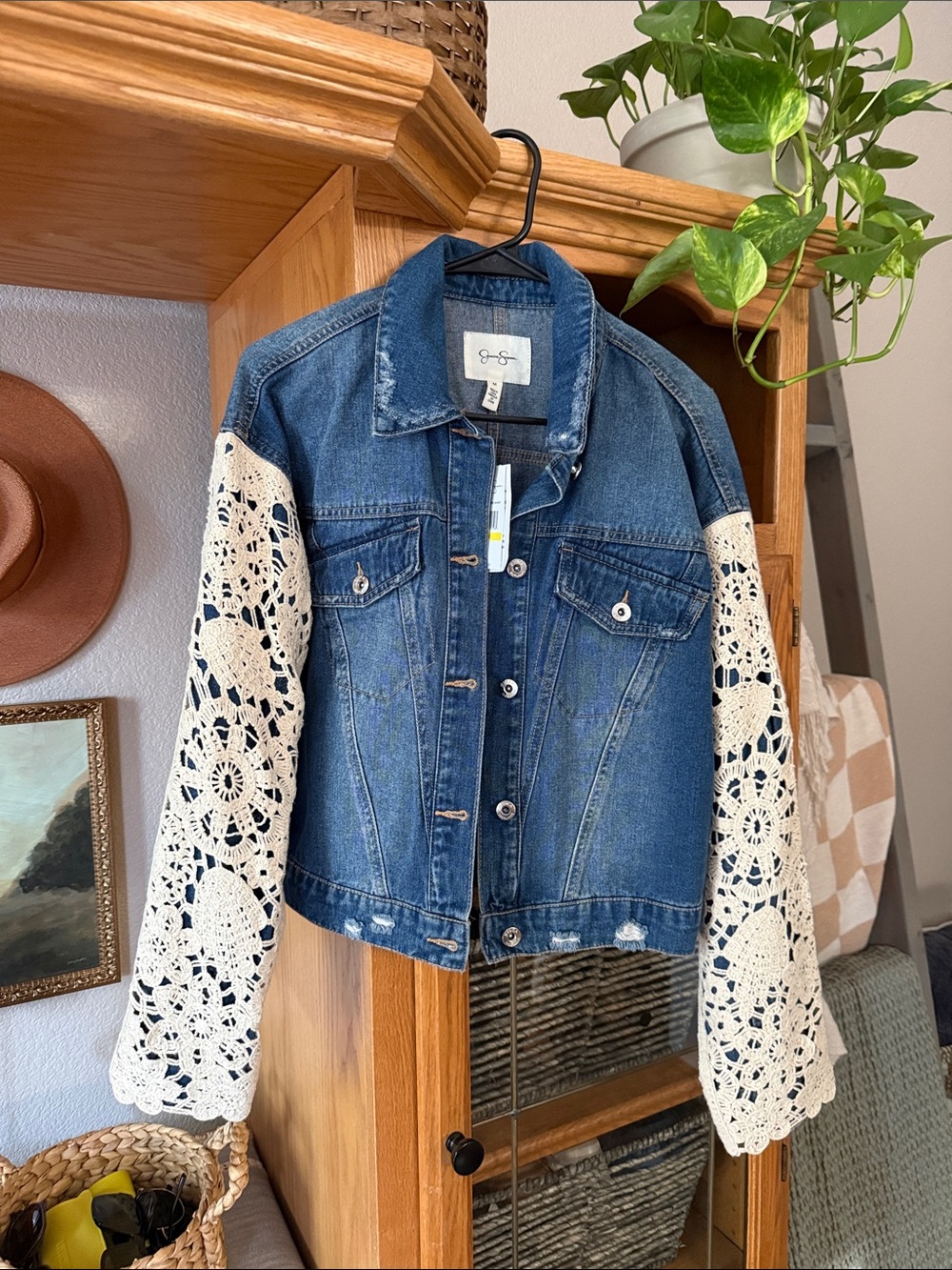 Jessica Simpson Blue Denim Jacket with Ivory Crochet Sleeves